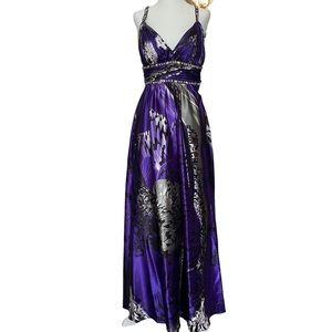 Purple patterned / animal print satin evening gown with rhinestone detail.Size 2